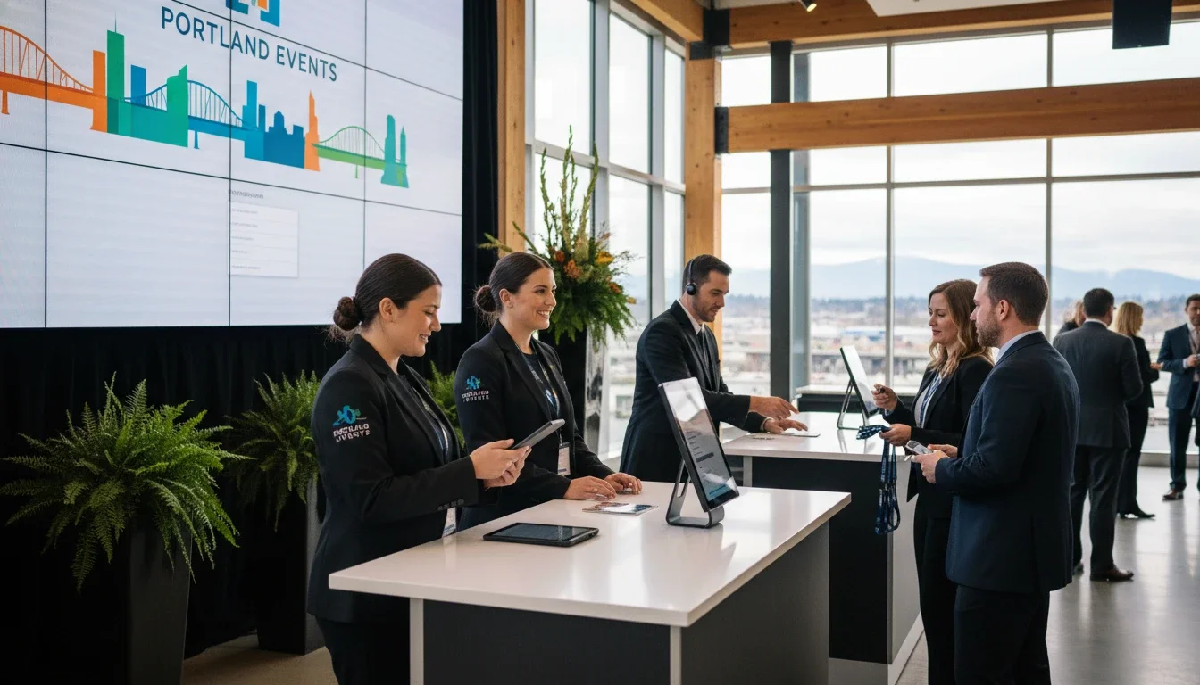 Professional event staff managing guest check-in at a Portland corporate event
