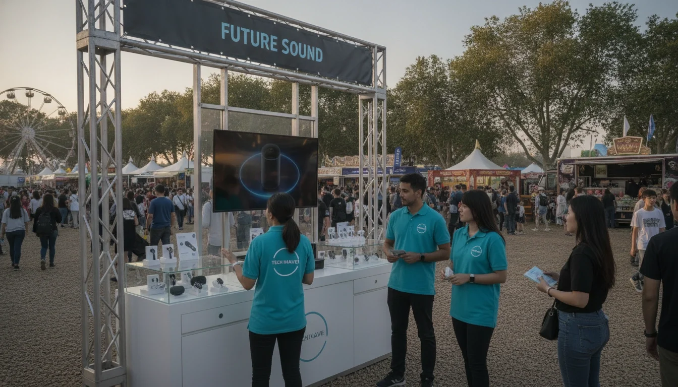 Professional event staff in branded uniforms staffing a product demonstration booth at a large outdoor fair