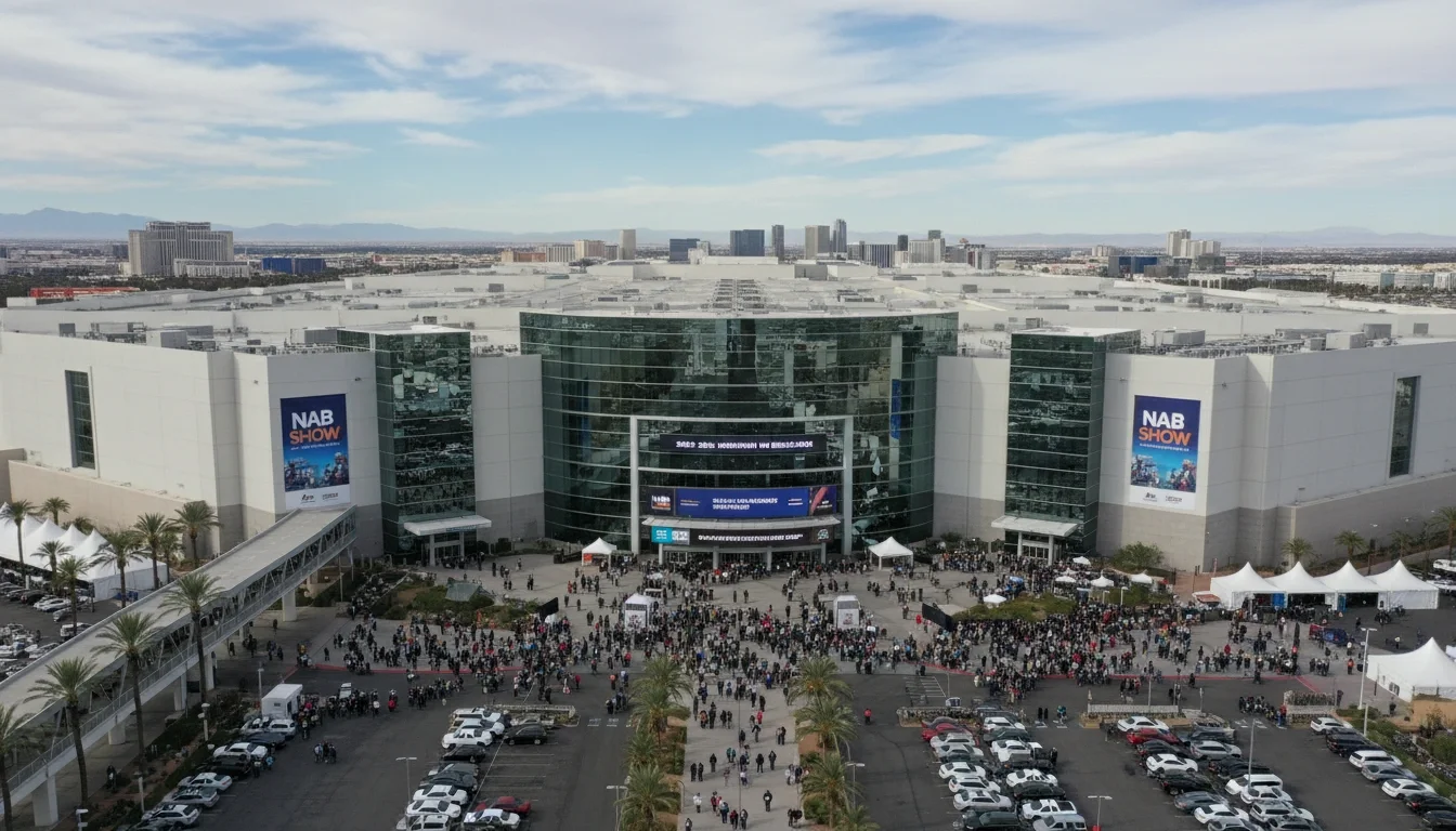 Las Vegas Convention Center exterior with signage for NAB Show event staffing