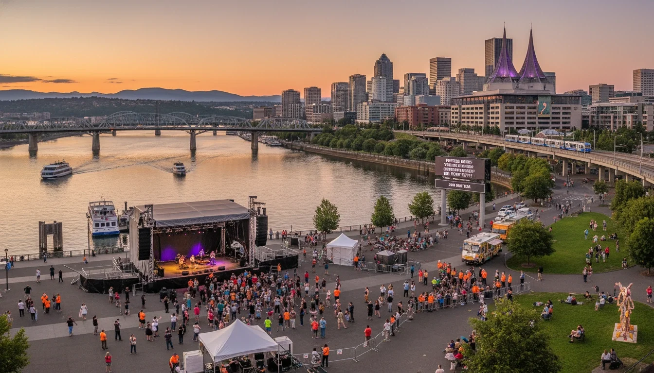 Portland Oregon skyline with Willamette River event venues aerial view