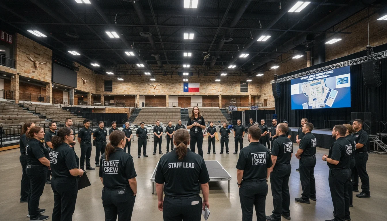 event staff pre-shift briefing team captain promotional staffing Arlington Texas