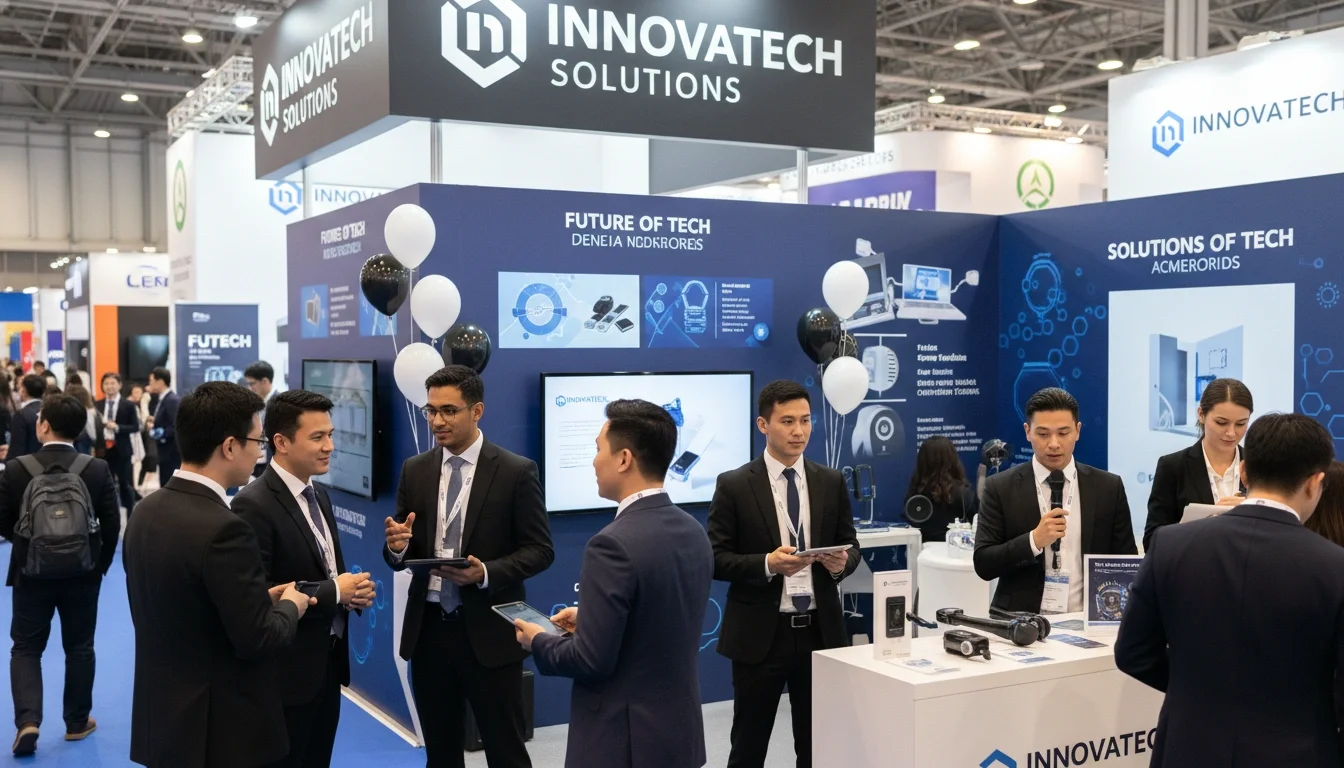 Trade show brand ambassador engaging attendees at an expo booth at a convention center