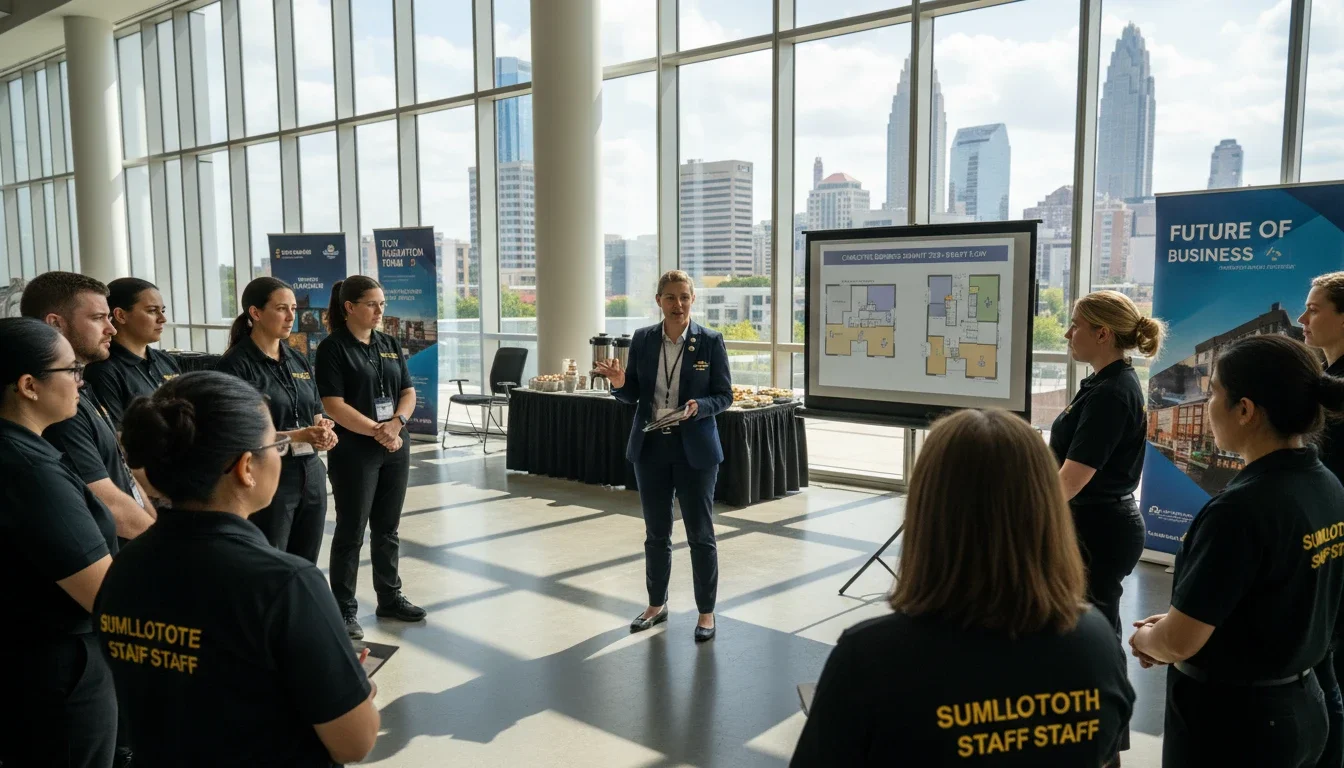 A staffing captain briefing an event team before a Charlotte corporate conference