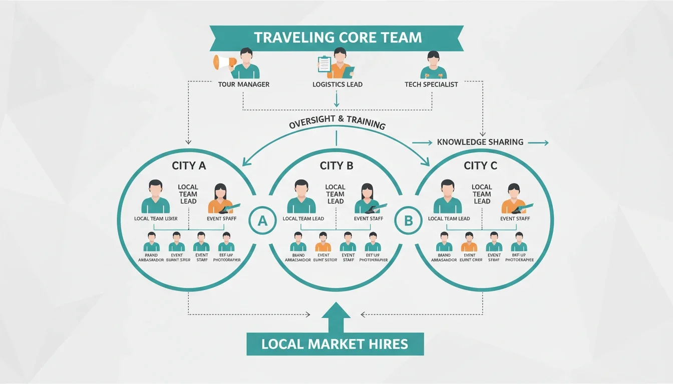 Infographic showing brand activation tour staff roles including tour manager, brand ambassadors, production assistants, and local market hires