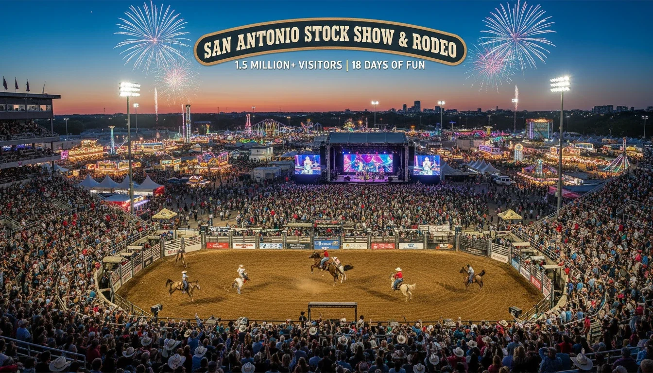 Aerial view of the Frost Bank Center and Freeman Coliseum fairgrounds during the San Antonio Stock Show and Rodeo