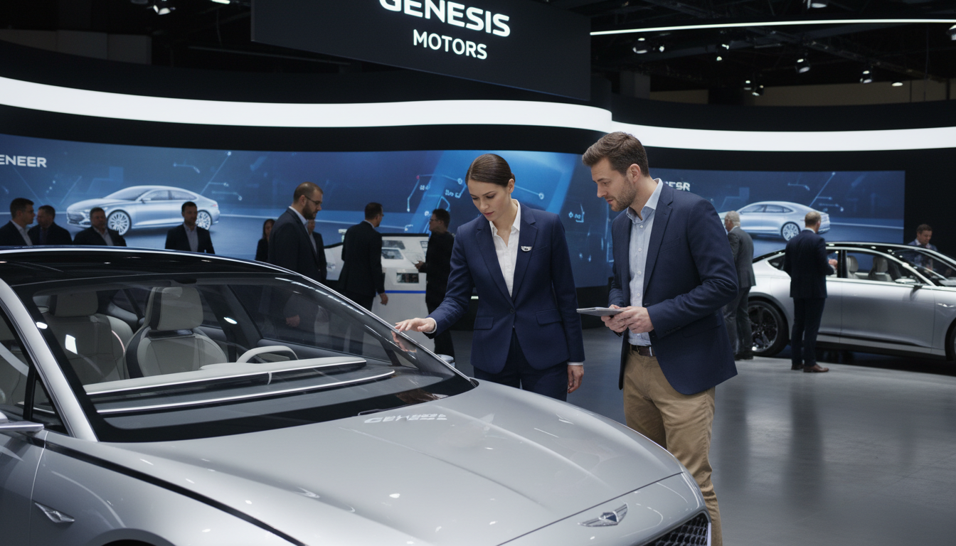 A product specialist walks a visitor through vehicle features at an automotive brand exhibit