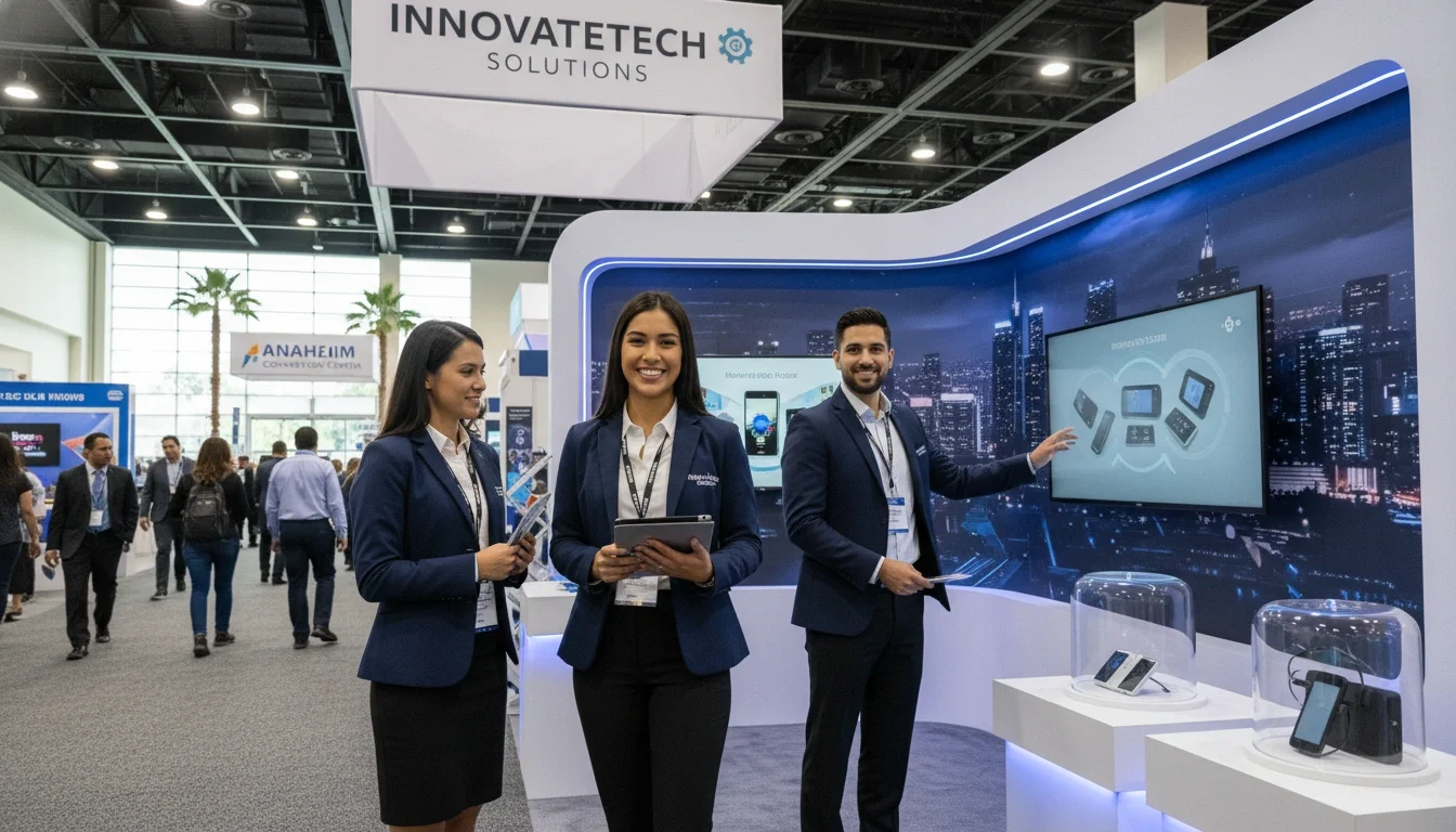 Event staff member in branded uniform engaging with trade show attendees at the Anaheim Convention Center