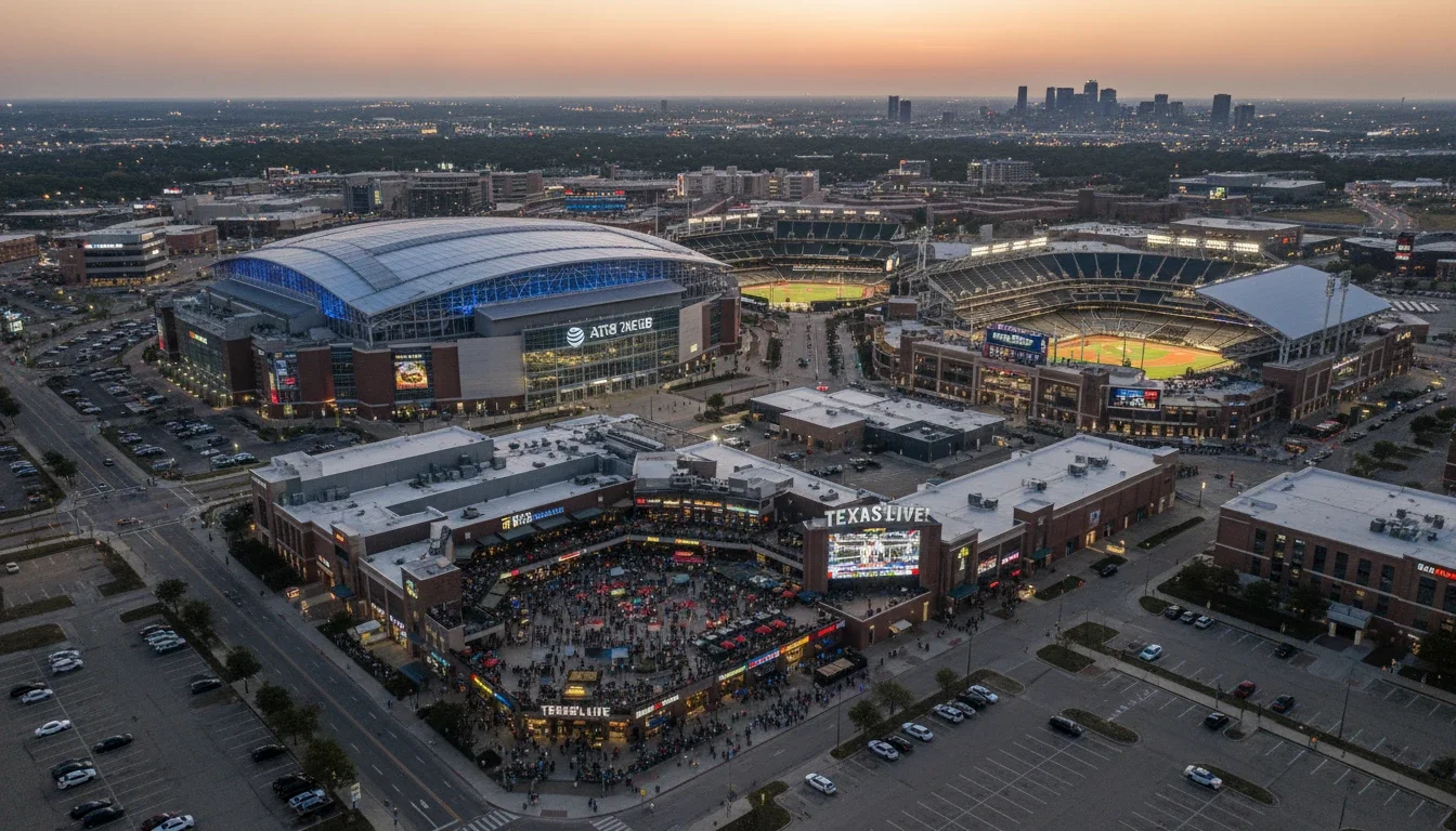 Aerial view of the Arlington Entertainment District with AT&T Stadium and Globe Life Field in North Texas