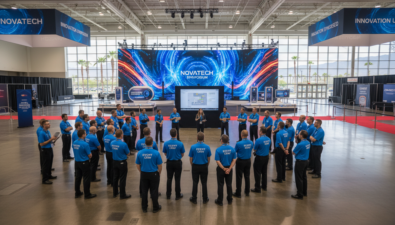 Event staff team briefing before doors open at a major convention activation in Southern California