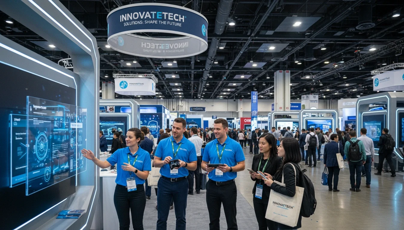 Professional booth staff engaging attendees at a major tech conference expo hall