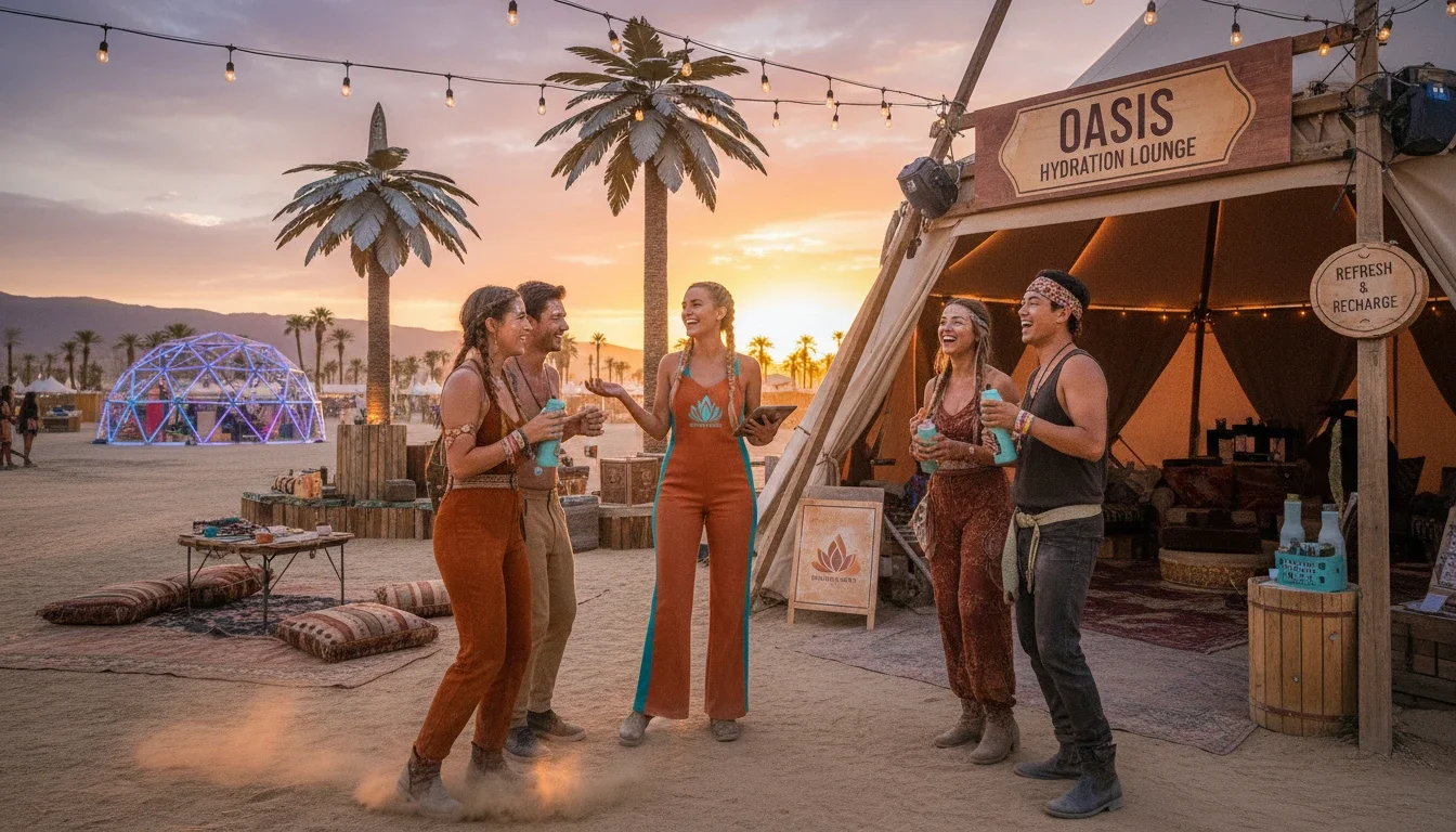 A brand ambassador engaging festival attendees at an outdoor desert activation in the Coachella Valley