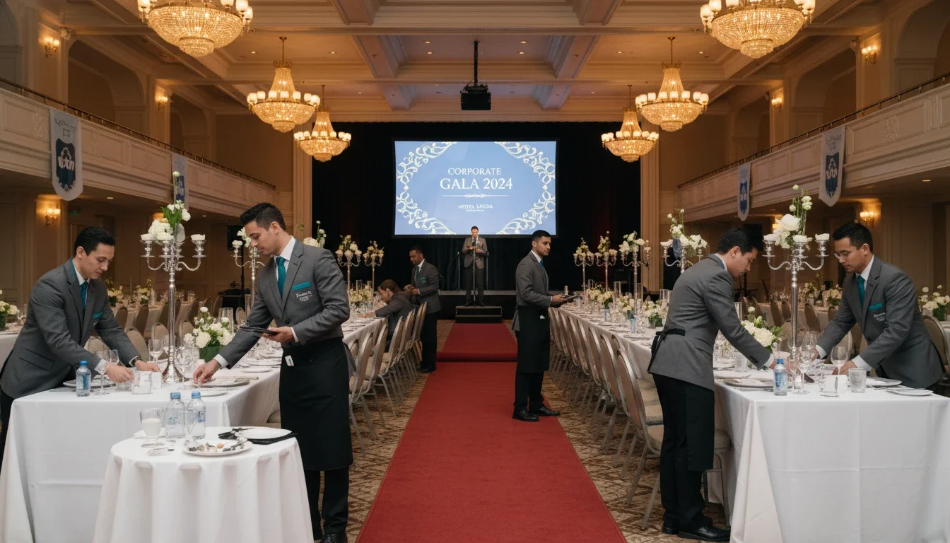 Professional event team in branded uniforms preparing for corporate gala at Hotel Lucia Portland