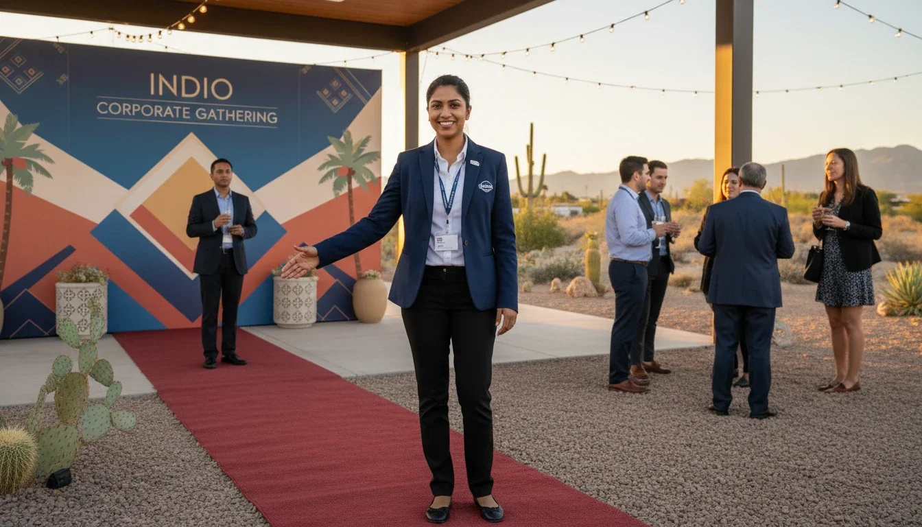 Professional event staff member in uniform greeting guests at an Indio corporate event