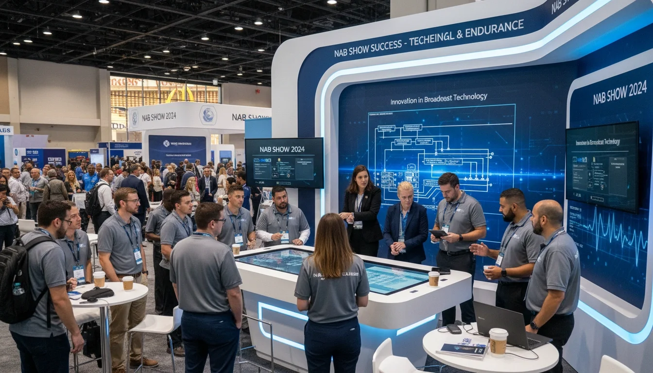 Trade show booth staff at a major Las Vegas convention — multi-day stamina and technical briefing are essential for NAB Show success