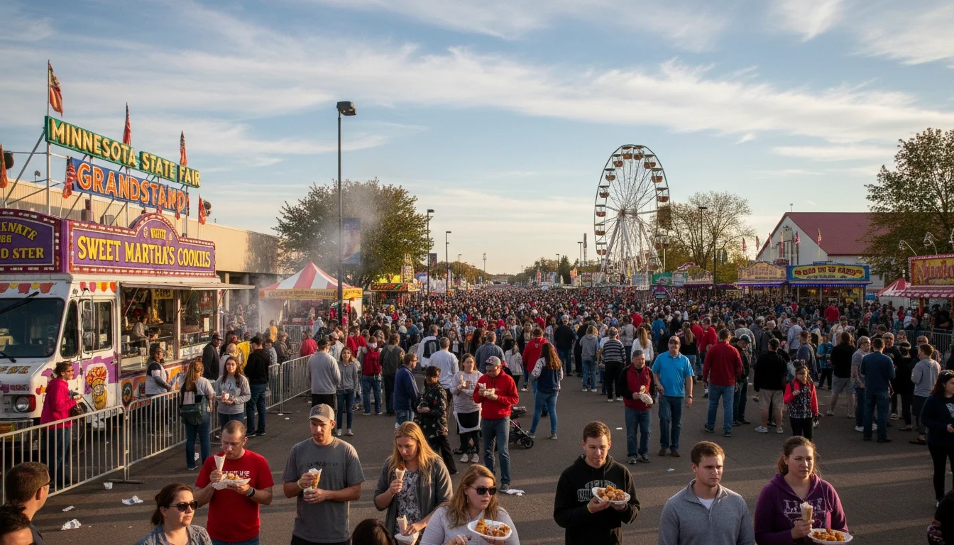 Minnesota State Fair crowds enjoying food vendors and exhibitions
