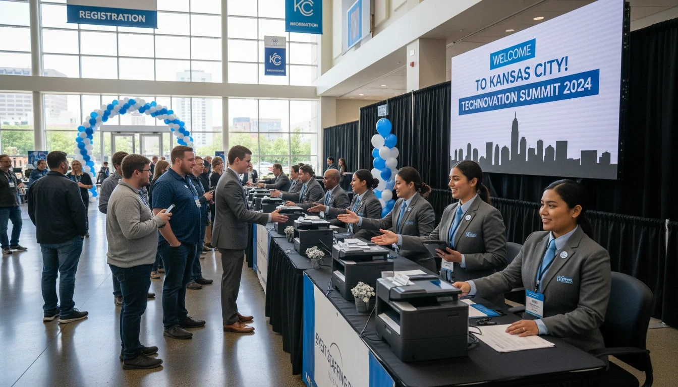 Event staff greeting attendees at a Kansas City convention c