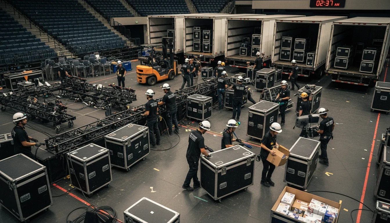 event production assistants packing equipment during post-event strike and load-out