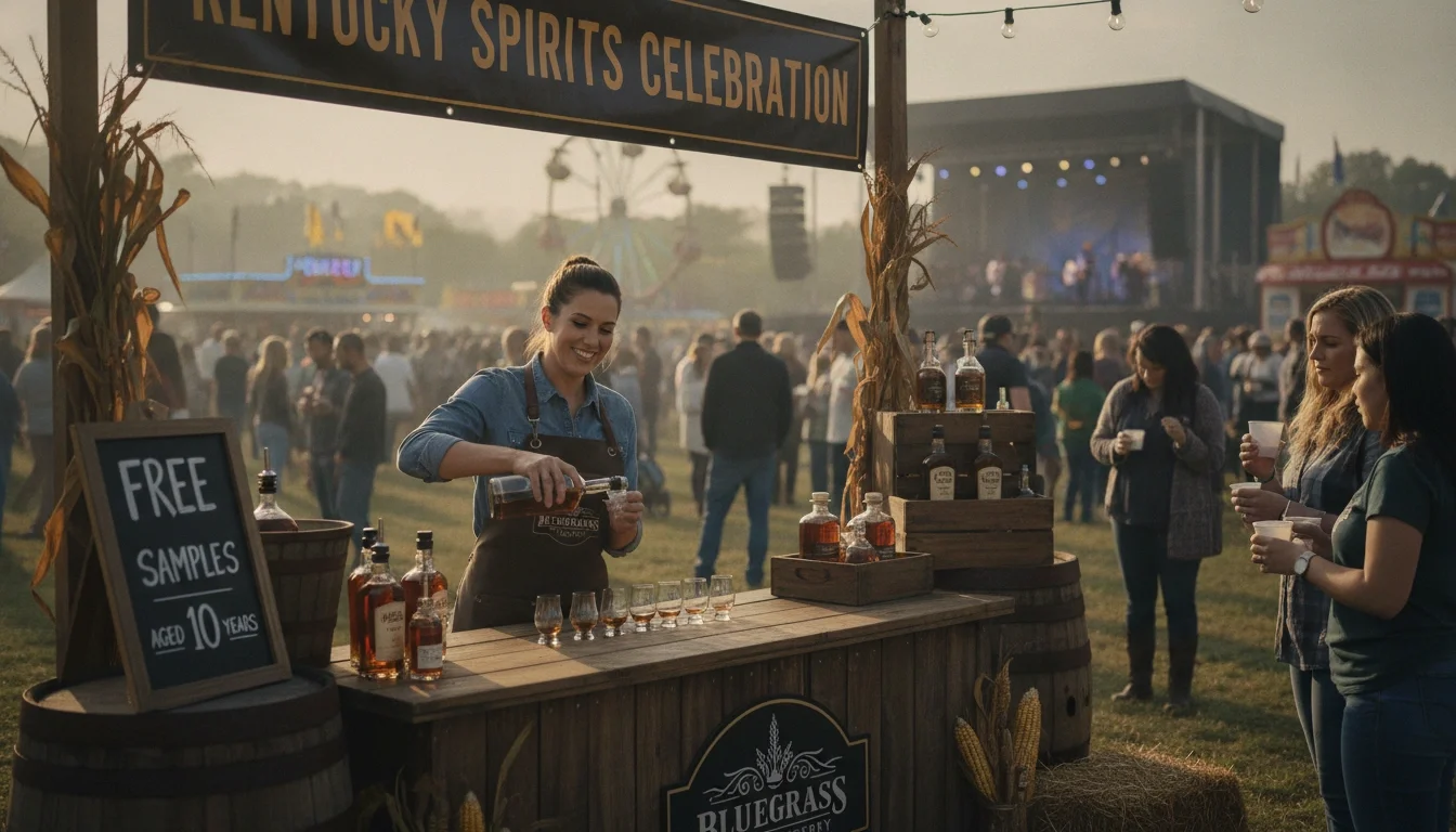 A brand ambassador pouring bourbon samples at a distillery booth at a Kentucky fair or festival event