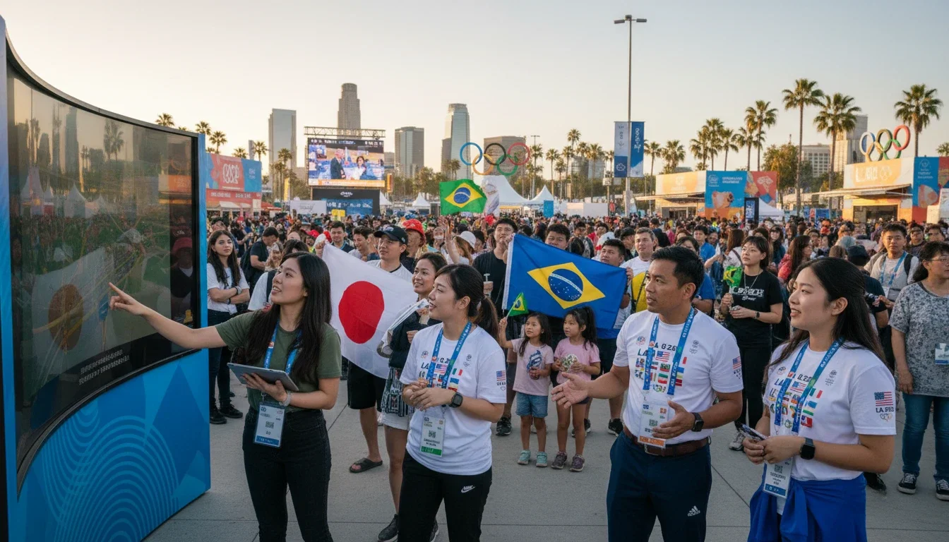 Multilingual event staff assisting international visitors at an Olympic fan zone in LA