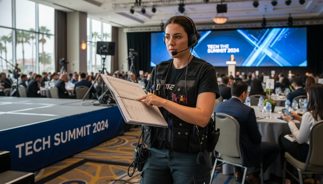 event production assistant reviewing clipboard at live event Los Angeles