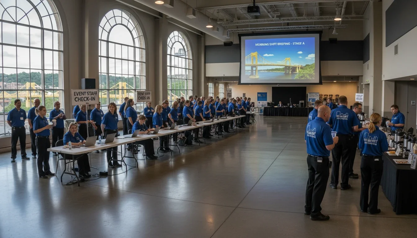Event staff checking in for a morning shift briefing at a Pittsburgh venue