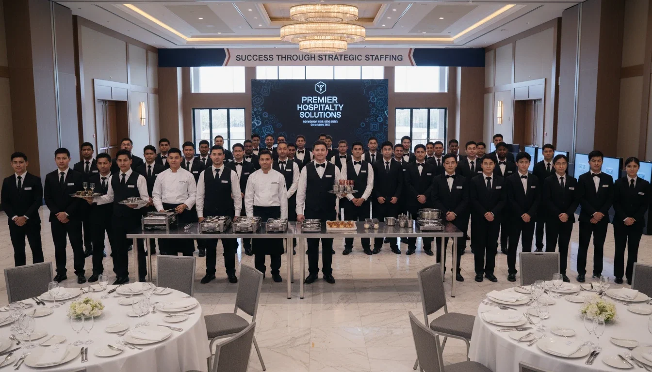 Professional event staff team in uniform at a large venue