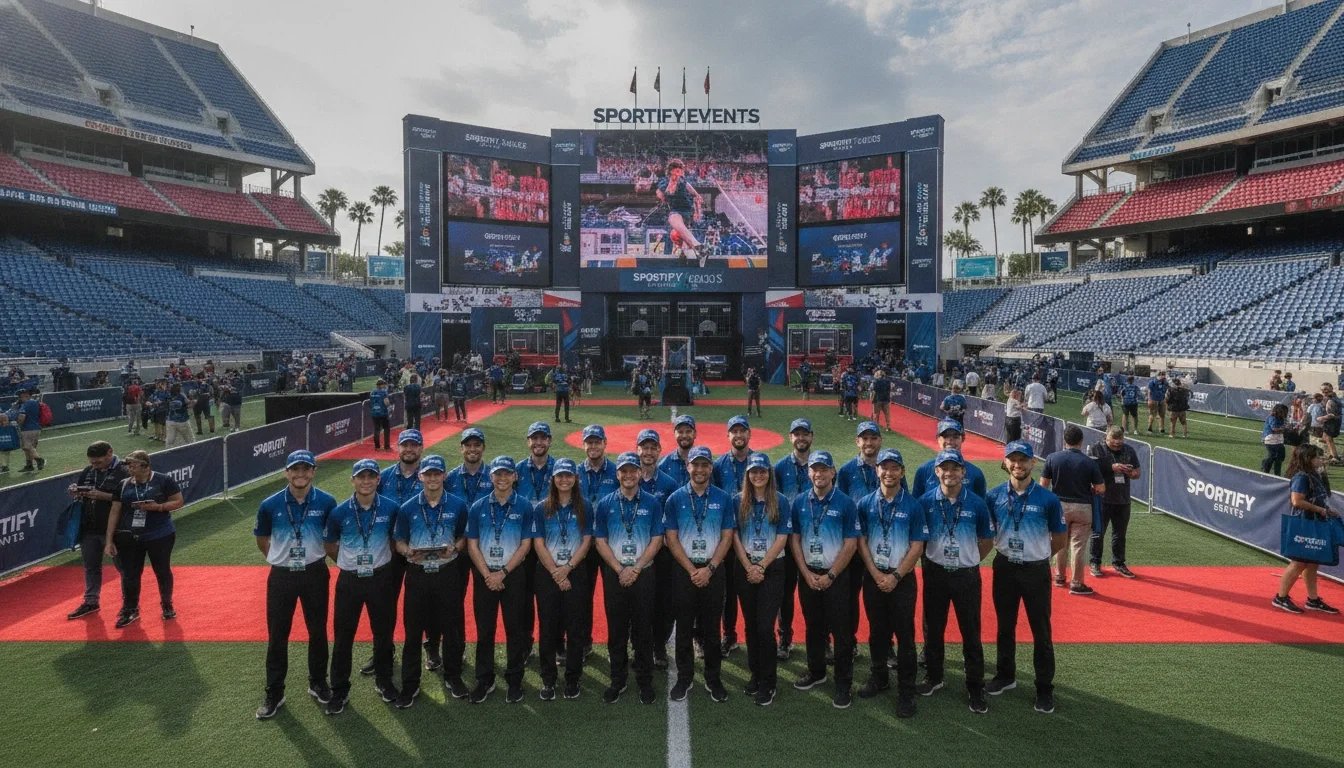 Event staffing team in branded uniforms deployed at a large sports venue activation
