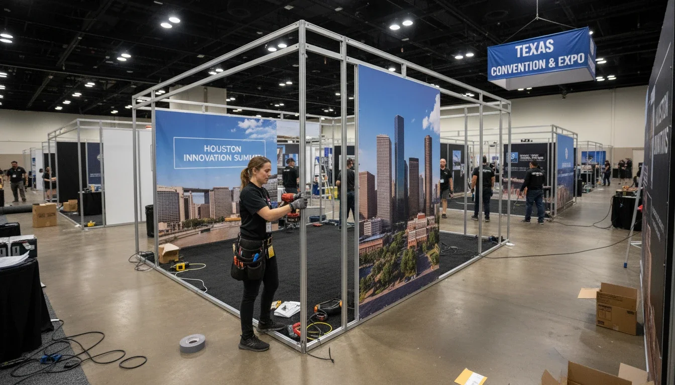 Event production assistant helping set up an exhibition booth at a Houston convention