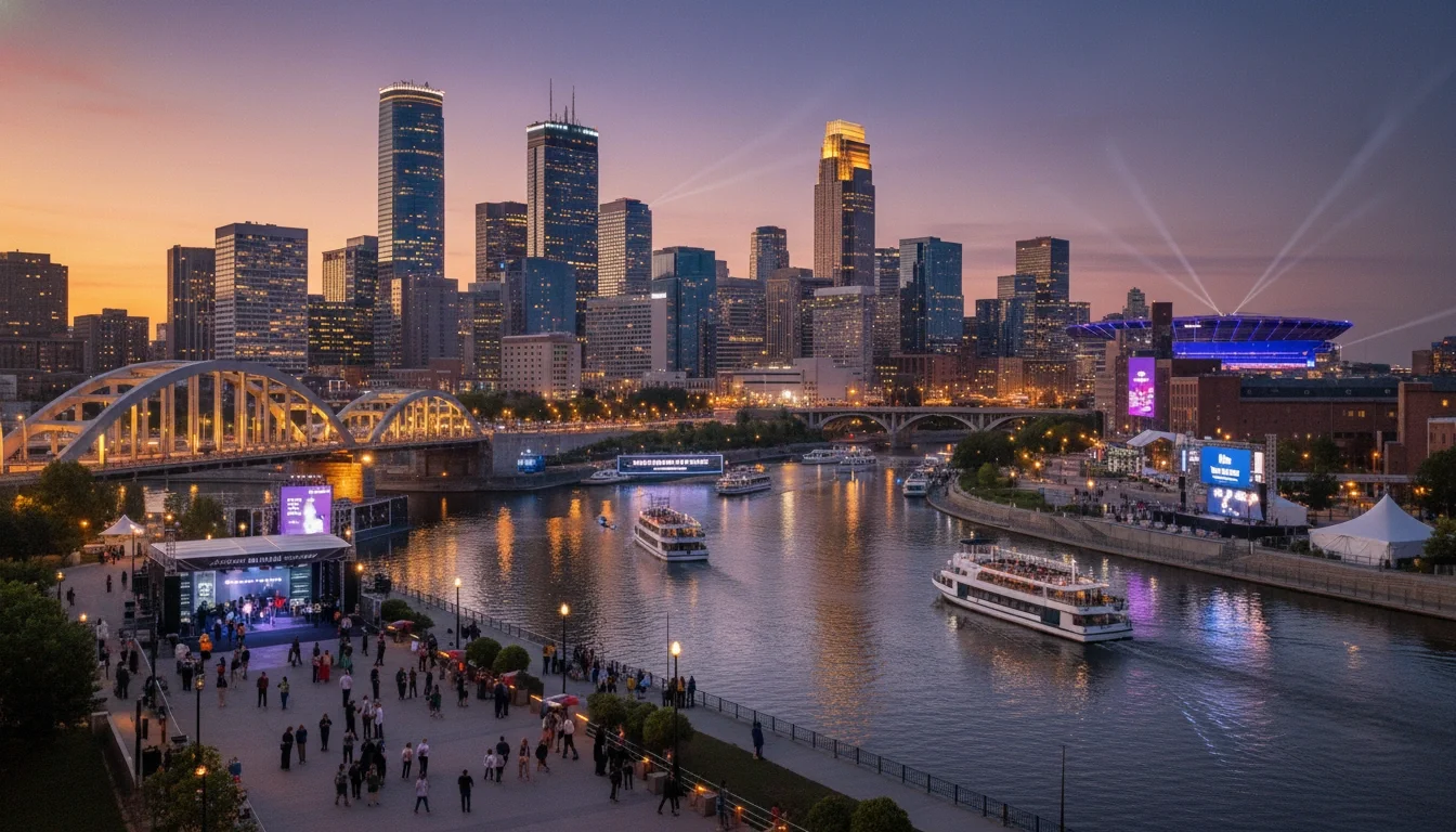 Minneapolis skyline along the Mississippi River — a growing hub for corporate events, conventions, and brand activations