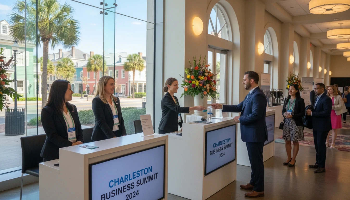 Event registration staff checking in guests at a corporate conference in Charleston SC
