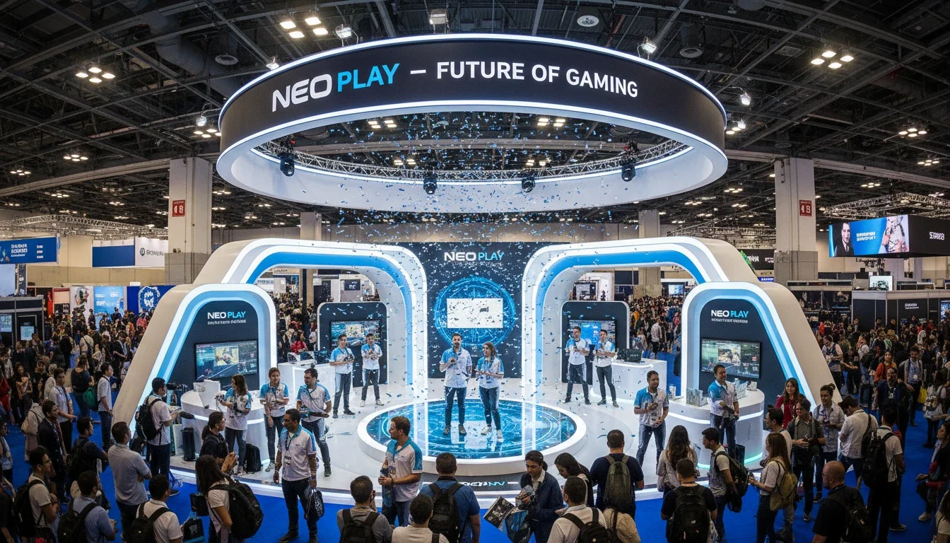 Multi-person staffing team at a large brand activation booth on an expo floor