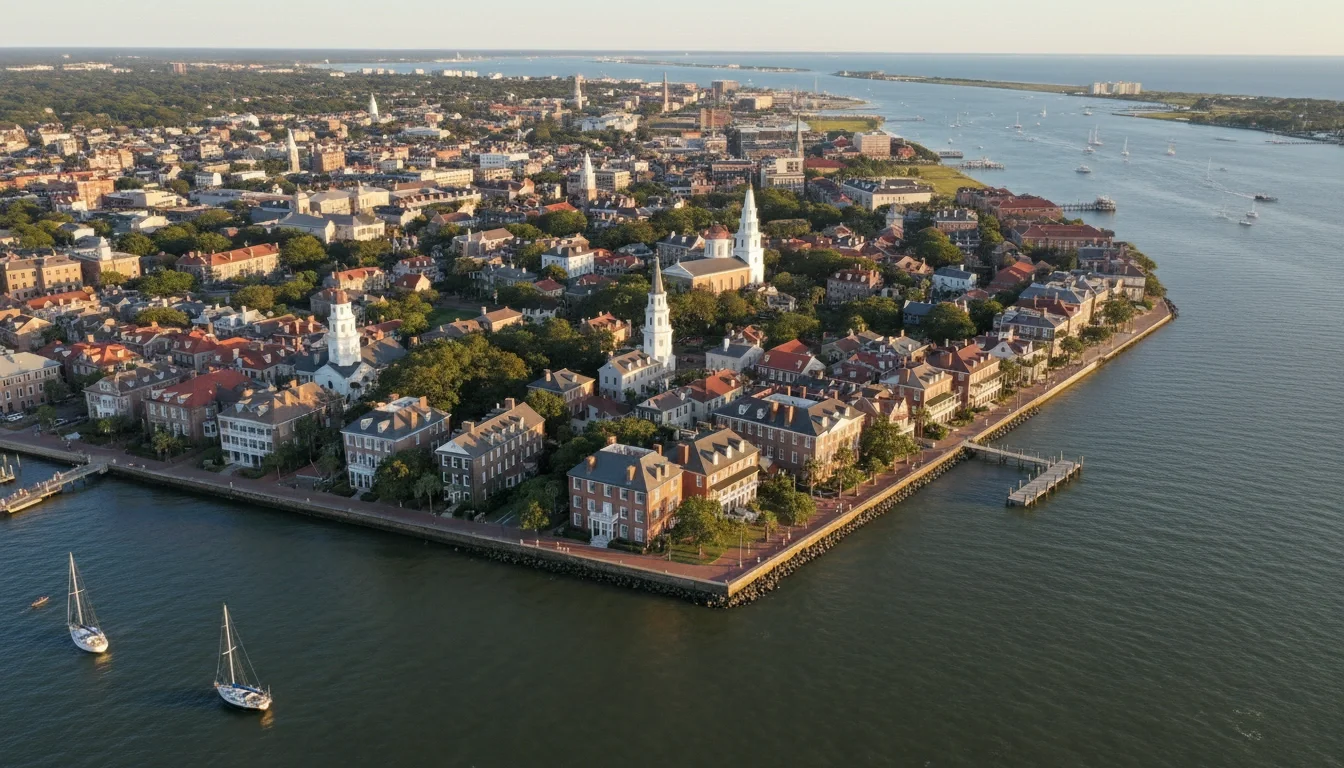 Aerial view of historic downtown Charleston SC with church steeples and waterfront views