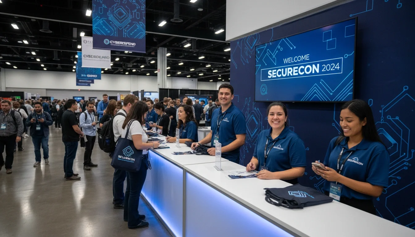 Trained convention staff greeting attendees at an infosec event registration desk