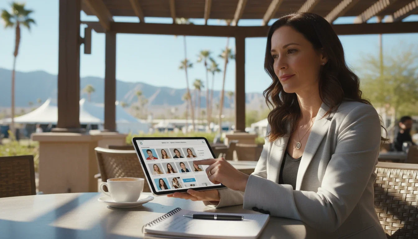 Event coordinator reviewing staff profiles on a tablet before booking event staff in Indio CA
