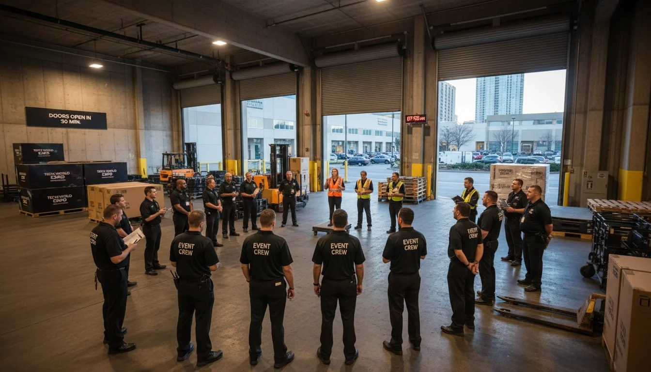 Event staff receiving a pre-show briefing at a convention center loading dock before doors open