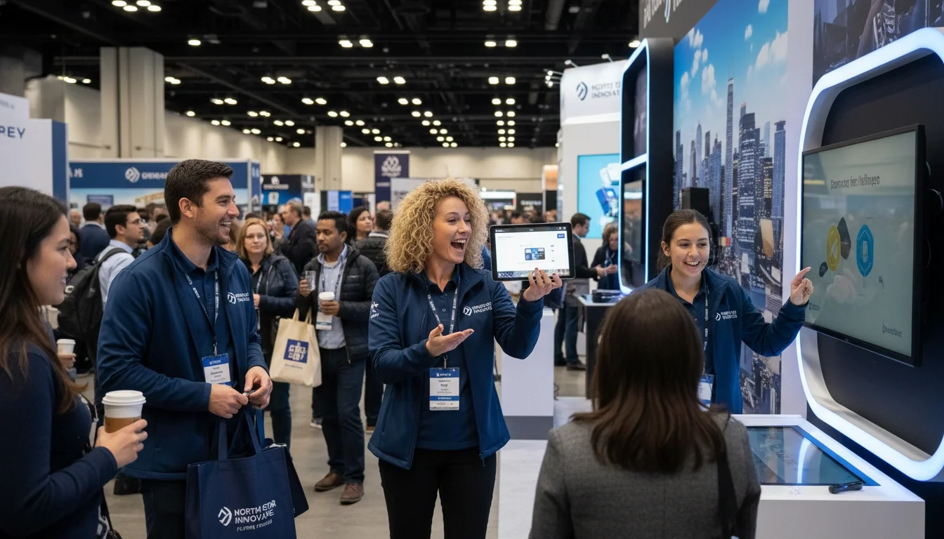 Professional trade show staff greeting attendees at Minneapolis Convention Center exhibit