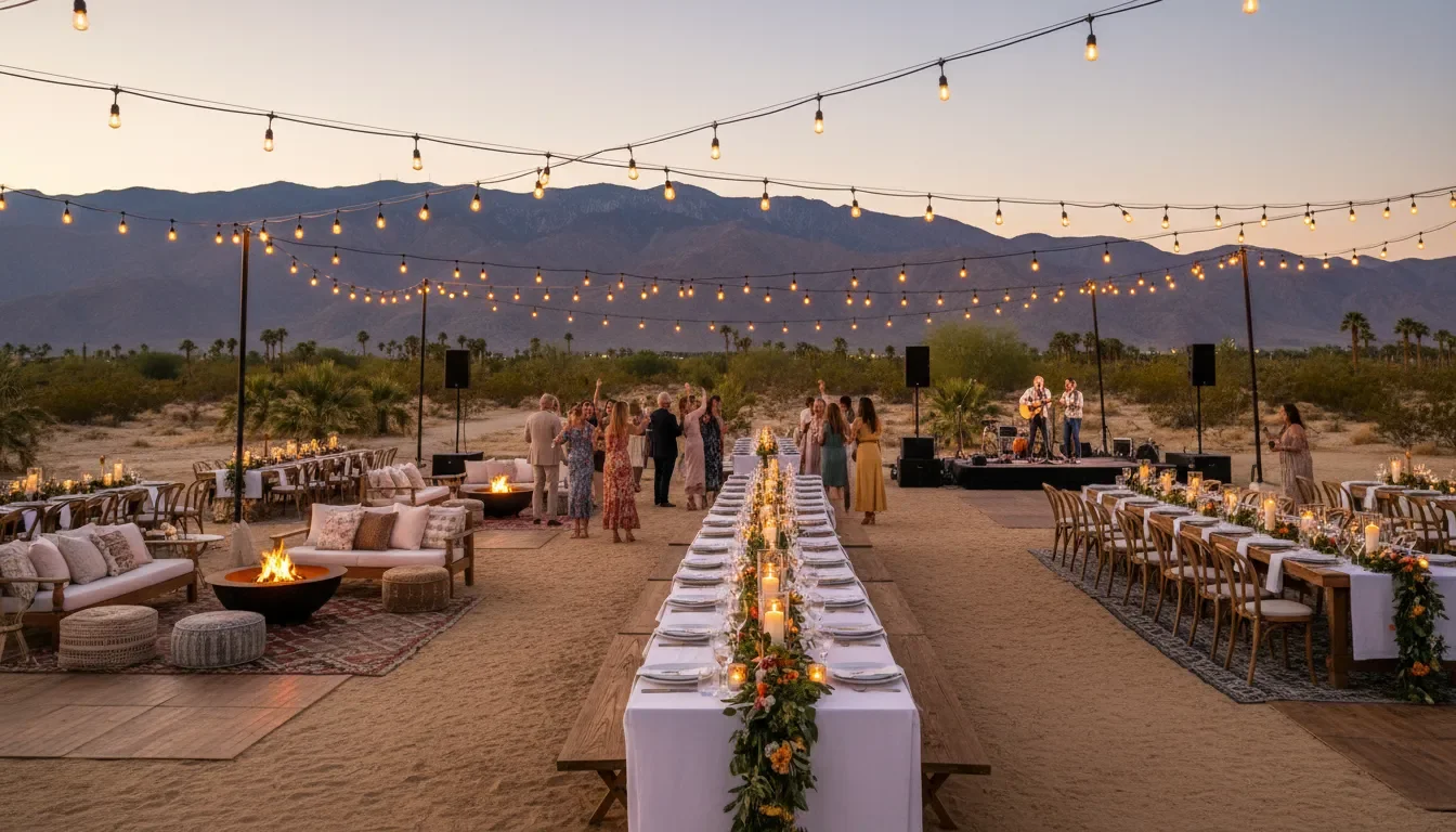 A stunning outdoor event setup in the Coachella Valley with the Santa Rosa Mountains in the background