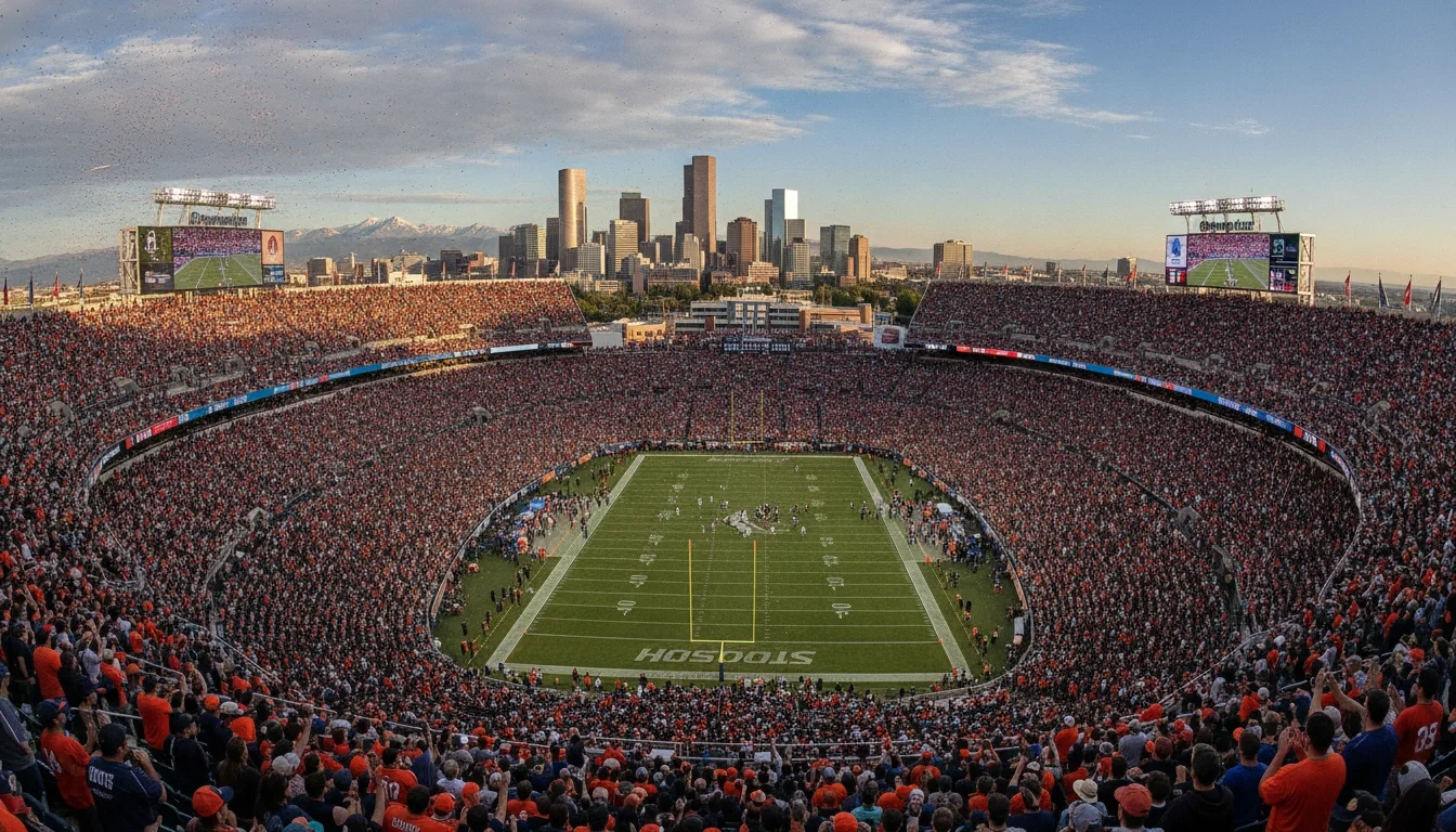 Empower Field at Mile High on a packed event day, with Denver skyline in the background