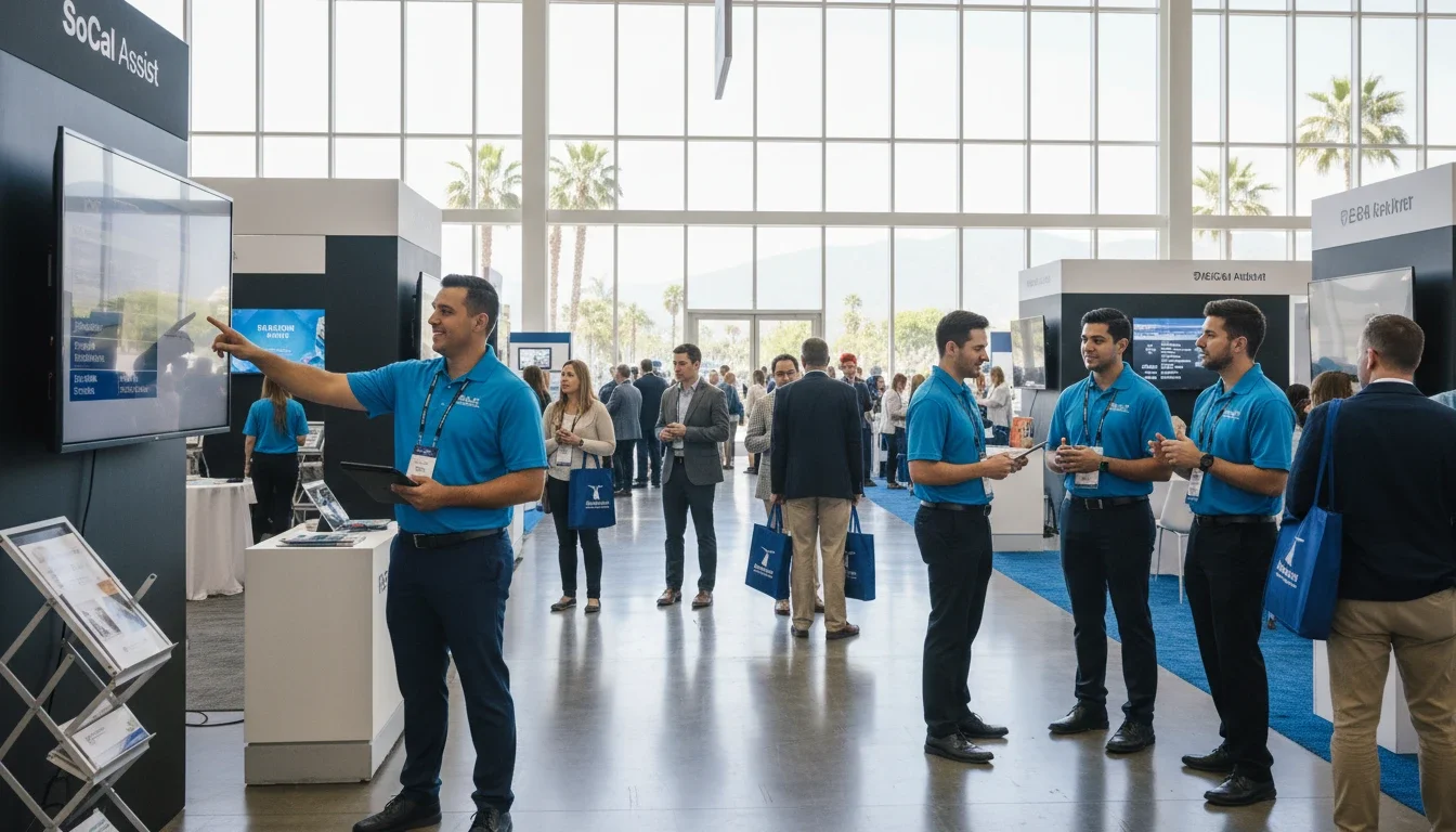 Professional trade show staff assisting attendees at a convention in Southern California