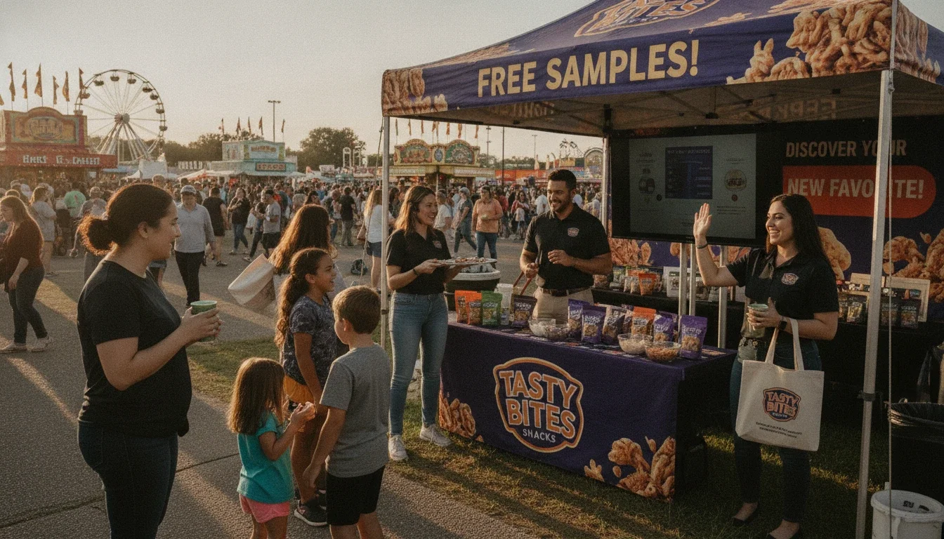 Professional brand ambassadors engage fairgoers at a product sampling activation
