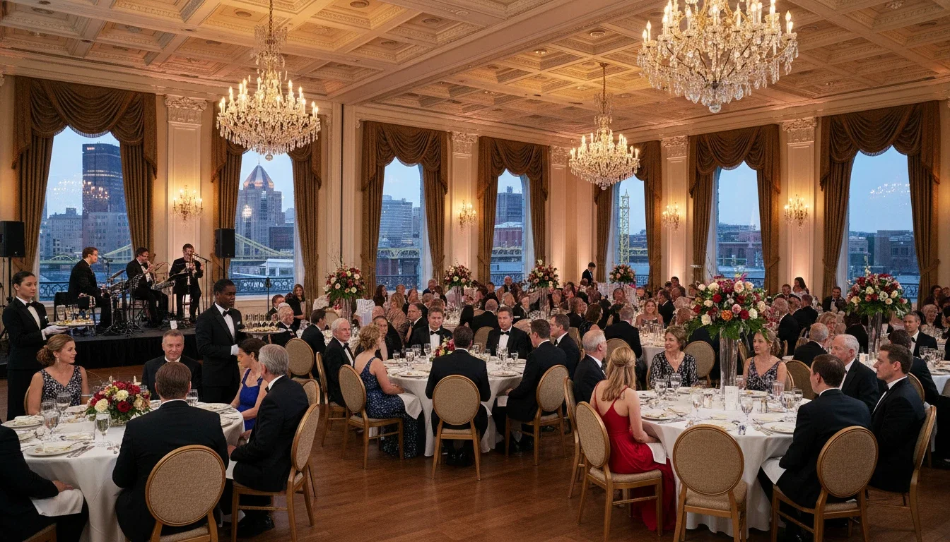 Black-tie corporate gala with waitstaff serving at round tables in an elegant Pittsburgh ballroom