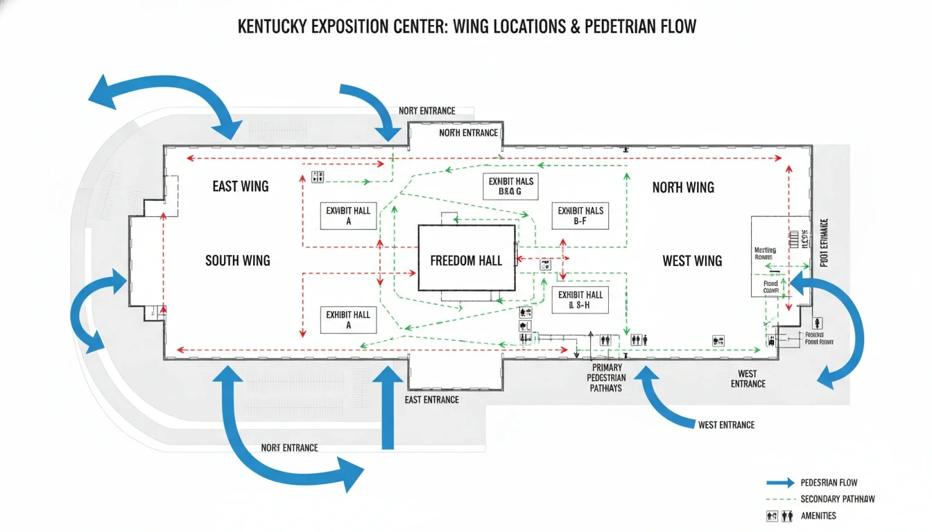 Map diagram showing Kentucky Exposition Center wing locations and pedestrian flow patterns