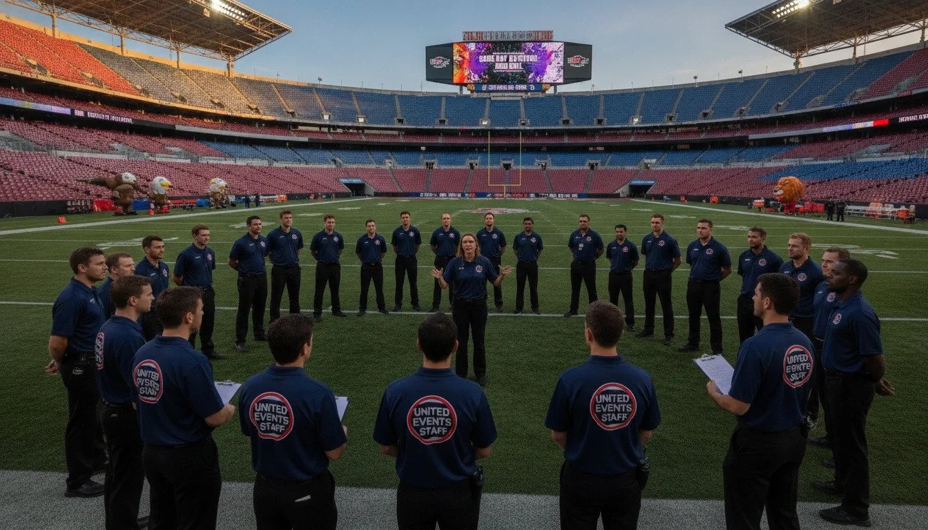 An event staff team in a pre-shift briefing before a major stadium activation
