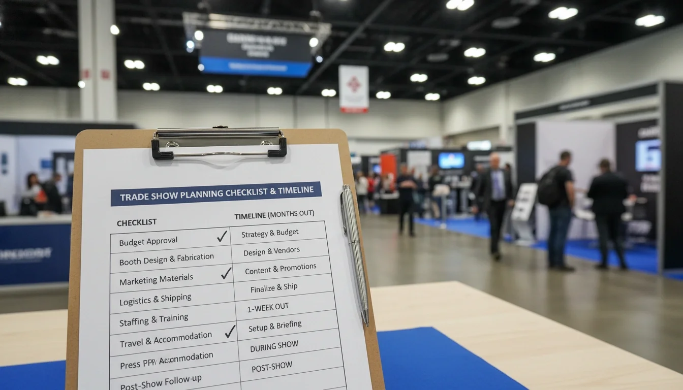 Trade show planning checklist and timeline laid out on a clipboard at an exhibition venue