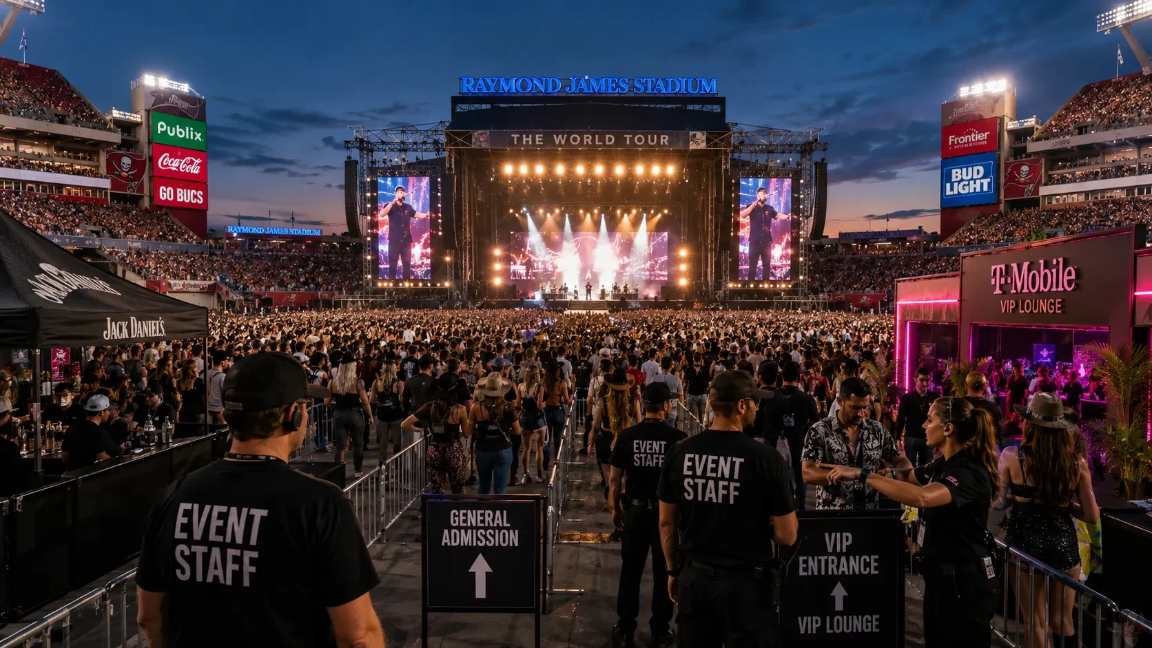 Corporate event setup inside Raymond James Stadium's premium club level — professional hosts and registration staff are essential for private functions