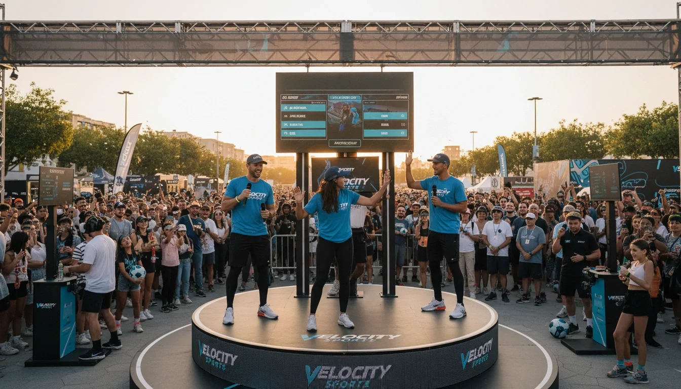 Professionally vetted event staff engaging a crowd at a high-volume sports brand activation
