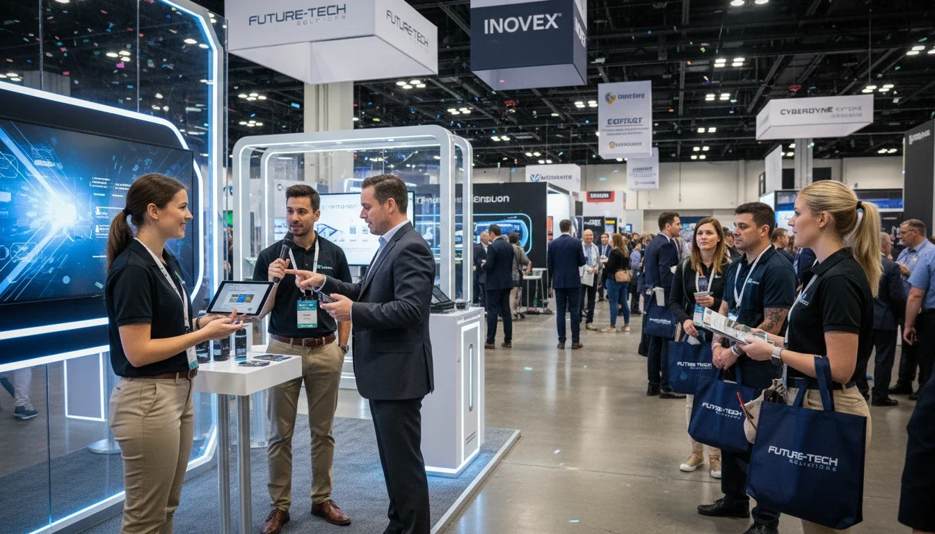 Brand ambassadors engaging with trade show attendees at a convention