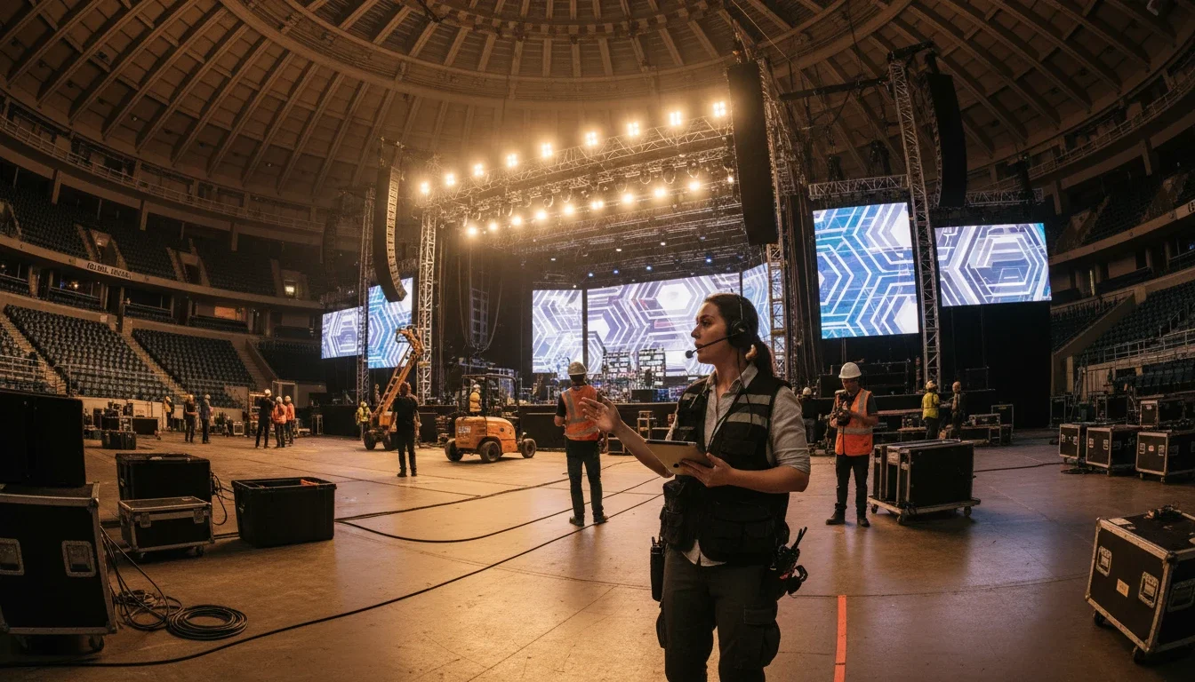 event production assistant directing setup crew at corporate event venue