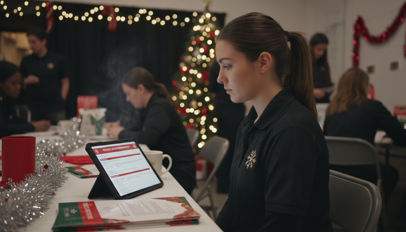 A professional event staff member reviewing brand briefing materials before a holiday shift