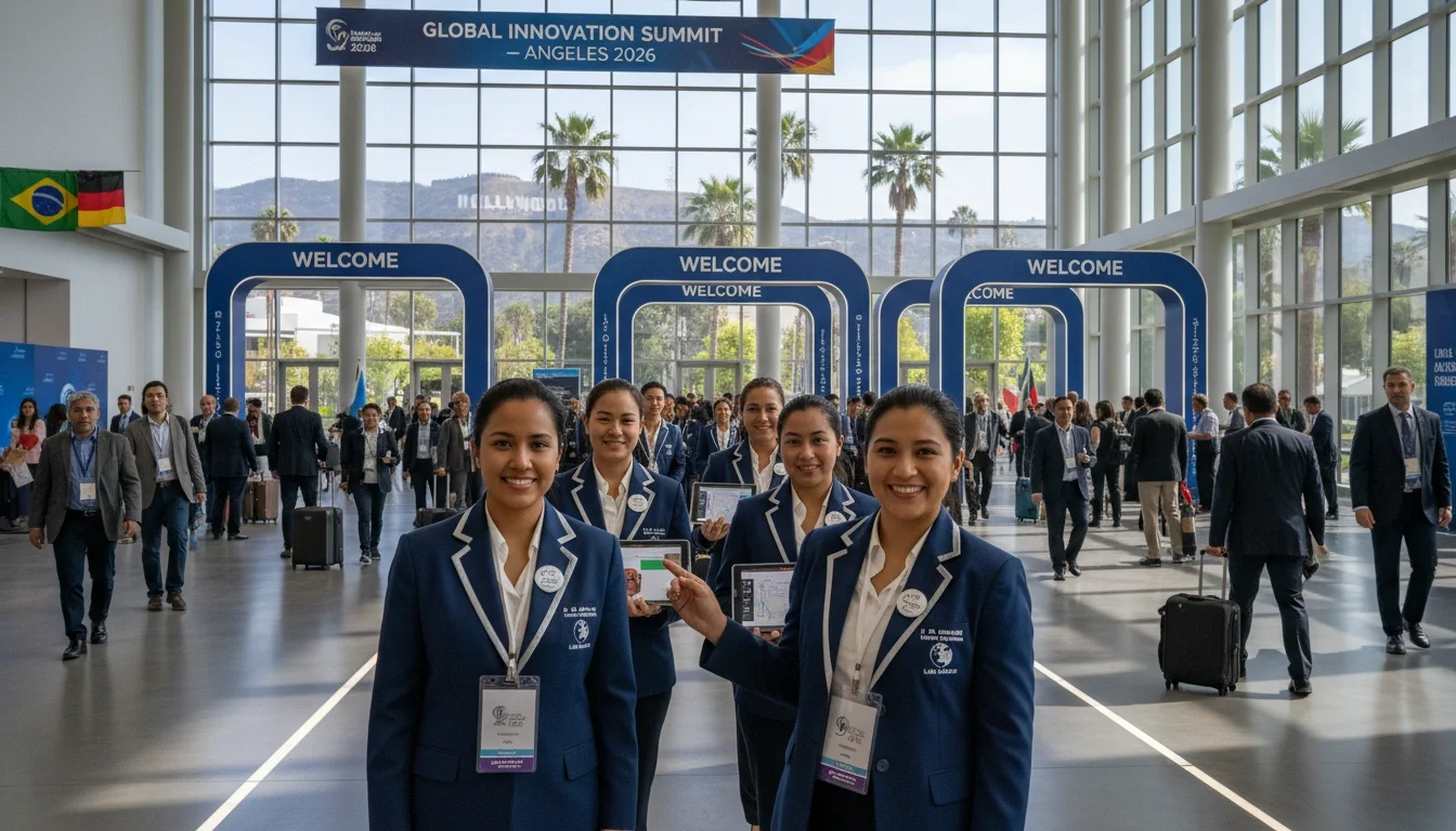Bilingual event staff in professional uniforms welcoming international guests at a Los Angeles convention
